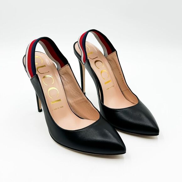 Gucci Sylvie Pumps Web Stripe Black Leather Slingback Heels Size 40, 10 - Picture 1 of 13
